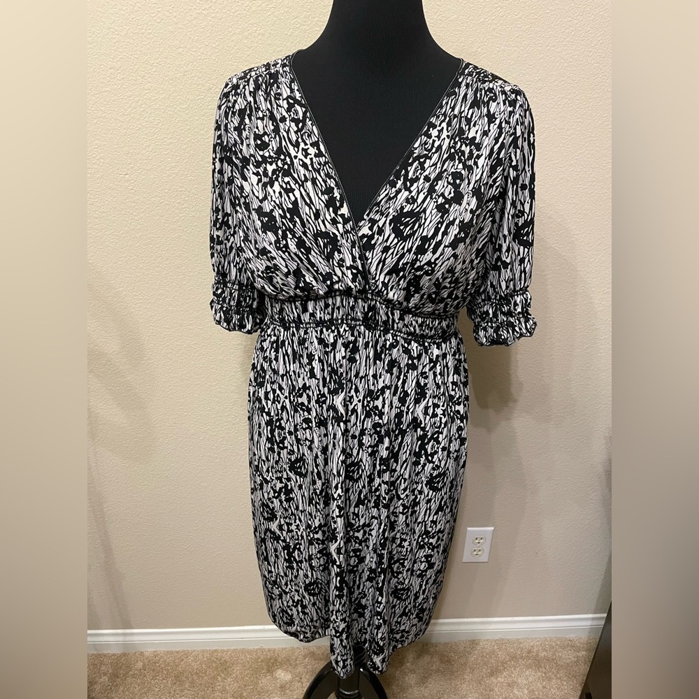 Max Edition Dress Black Cream Floral Peasant Gathered Dress Sz XL